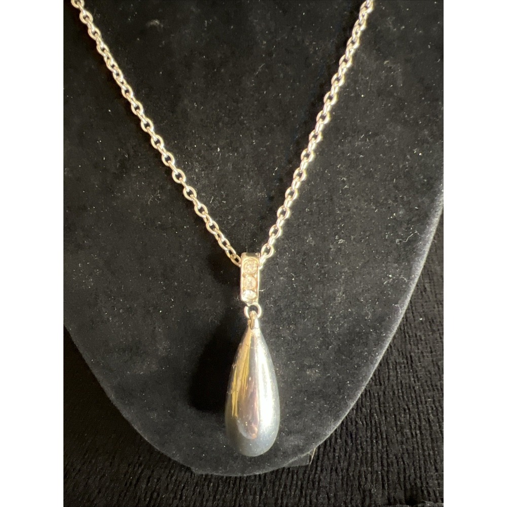 George Silver Tone Teardrop Pendant Necklace Long Chain Rhinestone Accents 30"